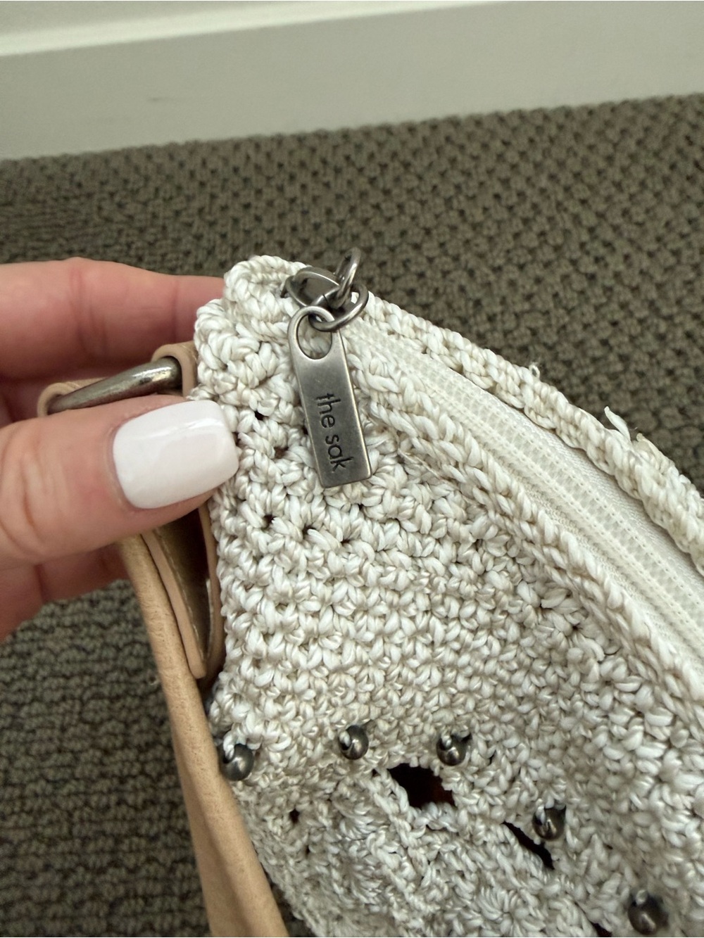 The Sak Cream Crochet Shoulder Bag with Tan Leather Handle - Picture 7 of 9